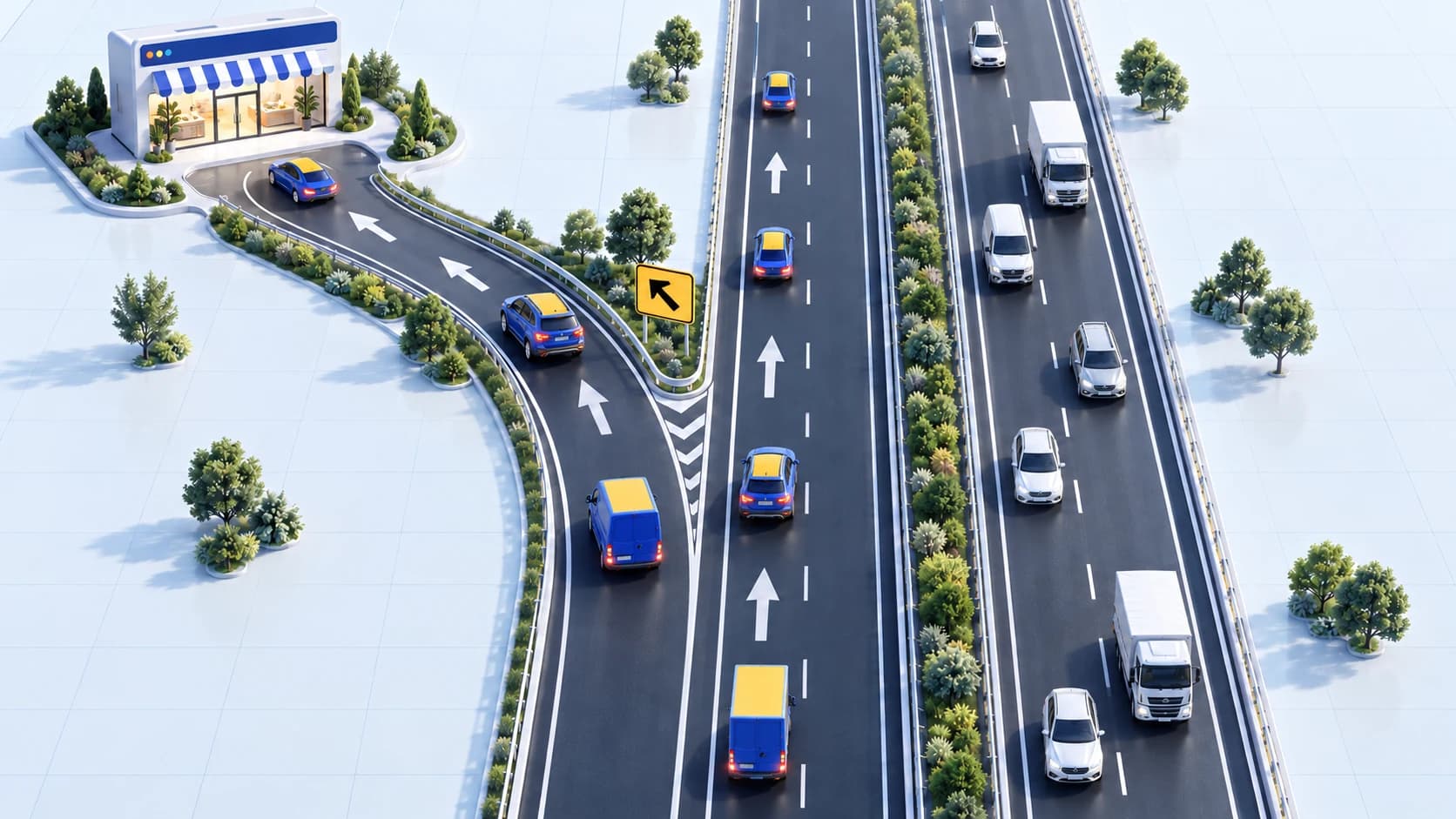 A varied mix of UK traffic, with blue-and-gold cars and vans taking a left-hand slip road directly towards a business website