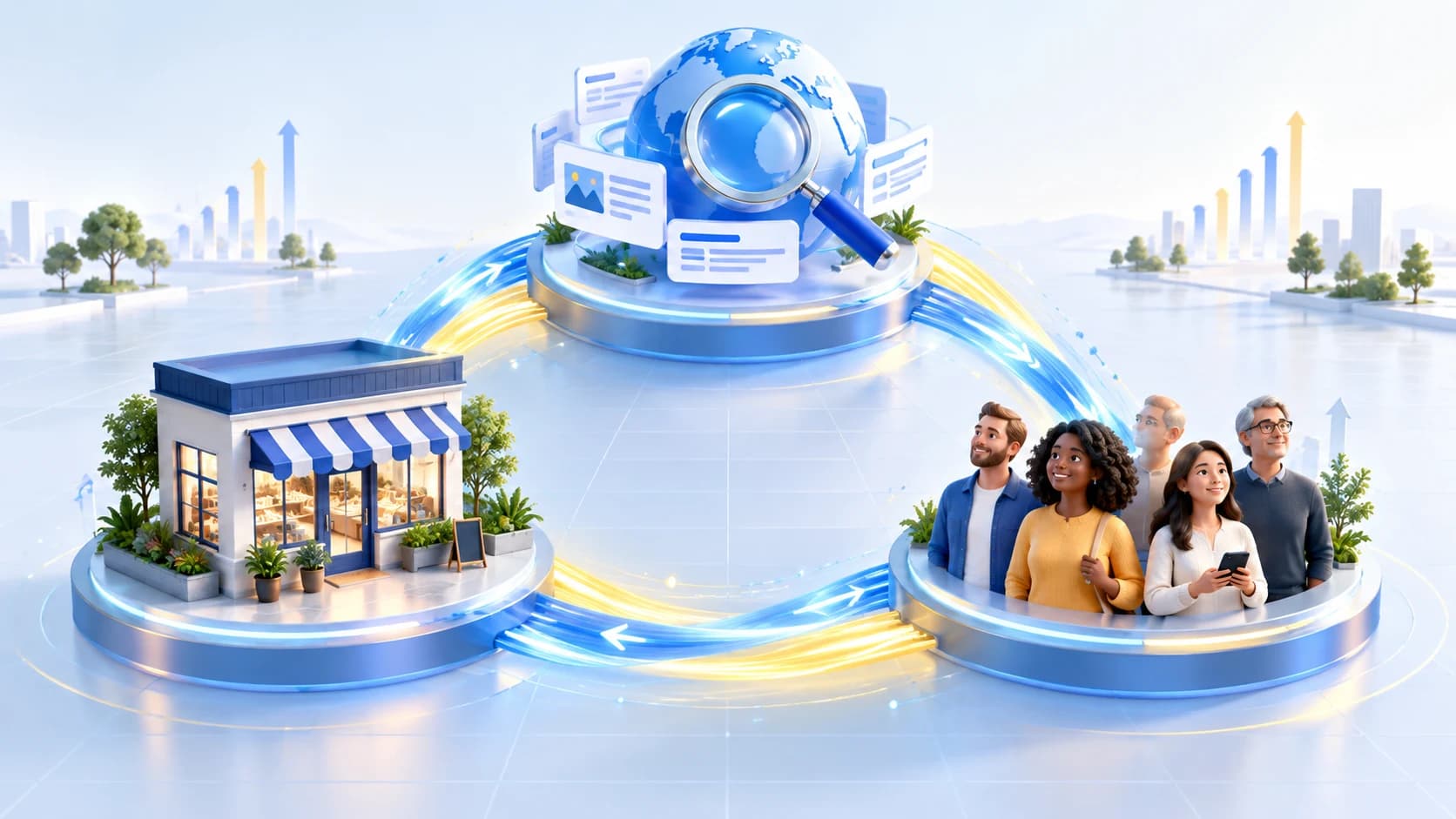A business, a search platform and customers connected in a balanced loop of useful information and discovery